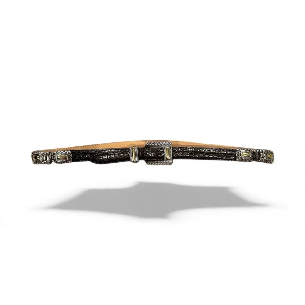BRIGHTON BROWN LEATHER CROC EMBOSSED Goldtone Silvertone Women's Belt L